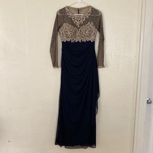 XSCAPE Navy and Gold Embellished Ruched Illusion Sleeve chiffon  Gown, size 4P